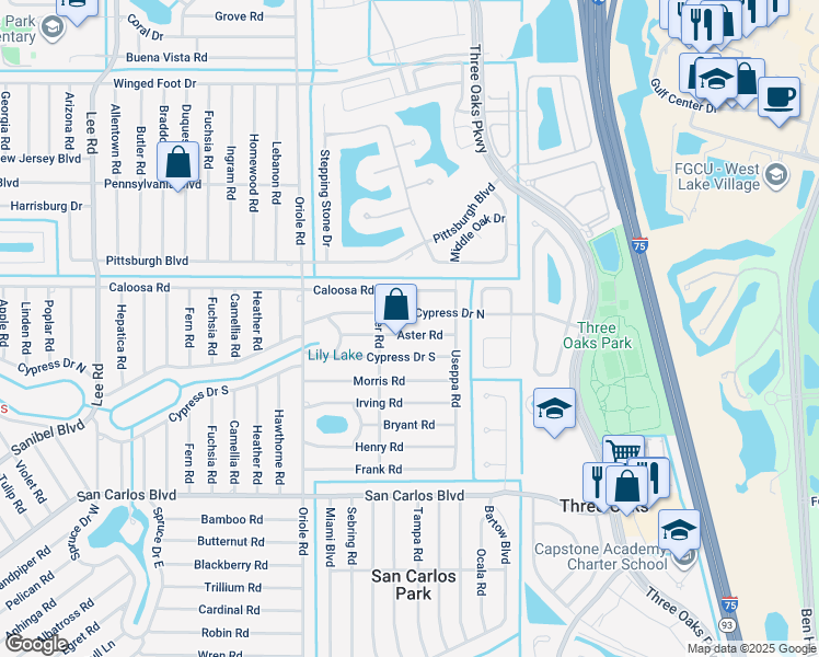 map of restaurants, bars, coffee shops, grocery stores, and more near 9115 Aster Road in Fort Myers
