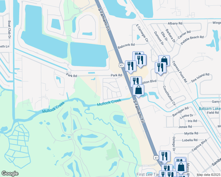 map of restaurants, bars, coffee shops, grocery stores, and more near 18050 South Tamiami Trail in Fort Myers