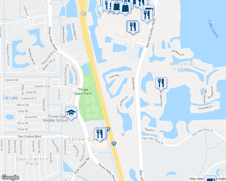 map of restaurants, bars, coffee shops, grocery stores, and more near 17810 Modena Road in Fort Myers