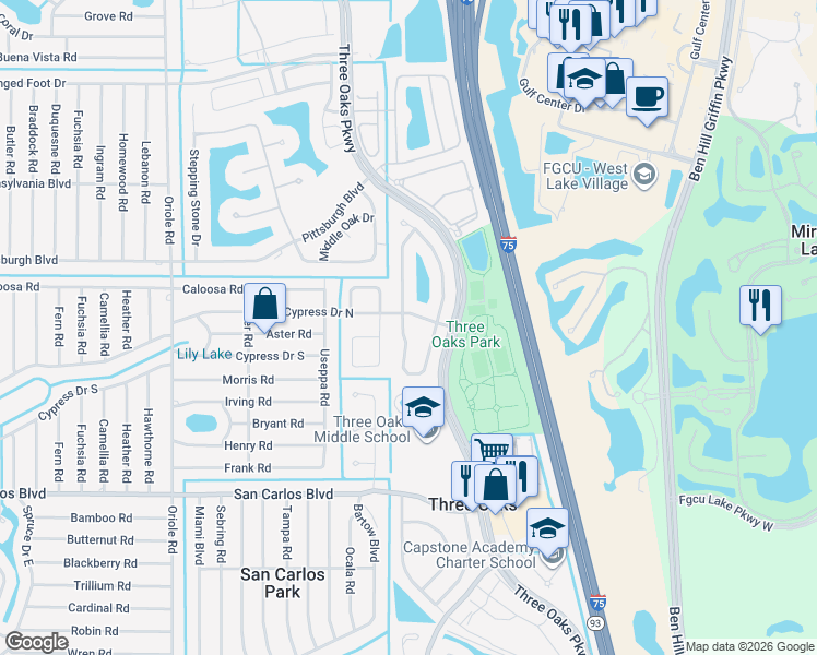 map of restaurants, bars, coffee shops, grocery stores, and more near 9520 Cypress Drive North in Fort Myers