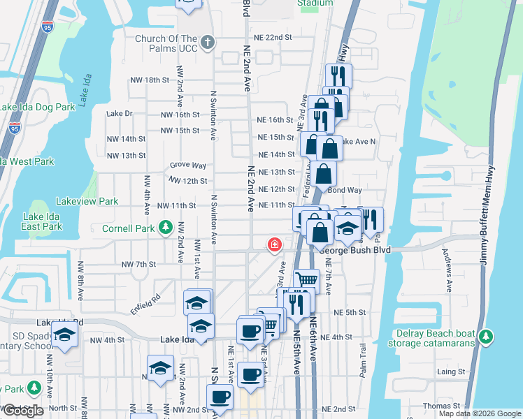 map of restaurants, bars, coffee shops, grocery stores, and more near 222 Northeast 11th Street in Delray Beach
