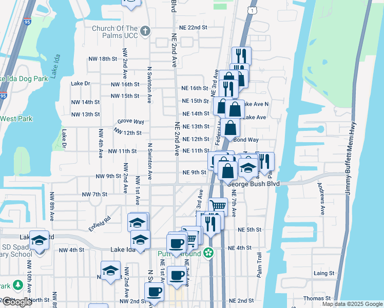 map of restaurants, bars, coffee shops, grocery stores, and more near 222 Northeast 11th Street in Delray Beach