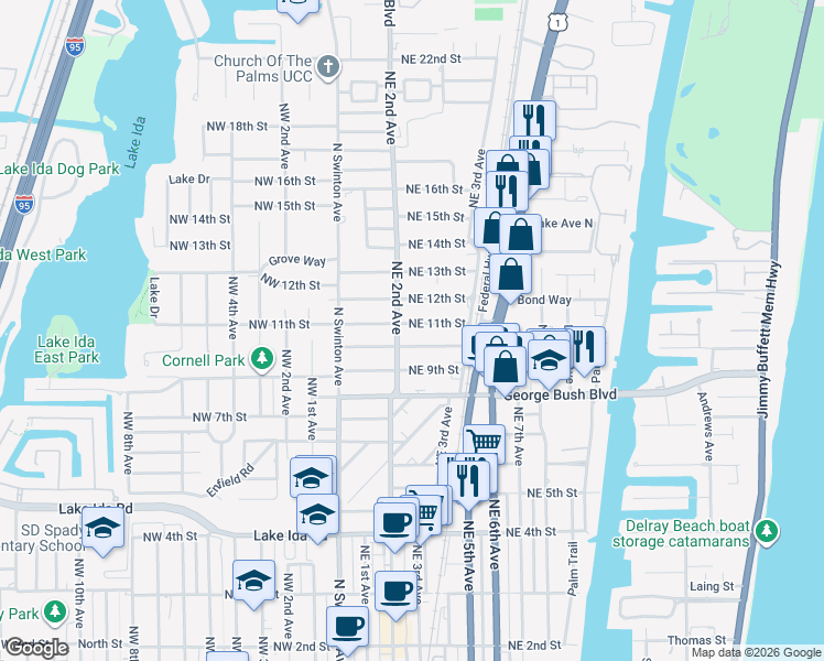 map of restaurants, bars, coffee shops, grocery stores, and more near 222 Northeast 11th Street in Delray Beach