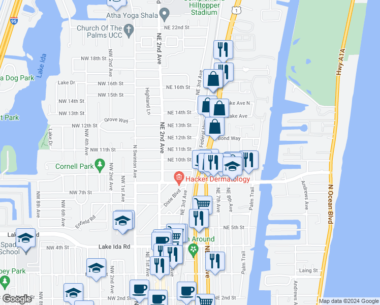 map of restaurants, bars, coffee shops, grocery stores, and more near 258 Northeast 11th Street in Delray Beach