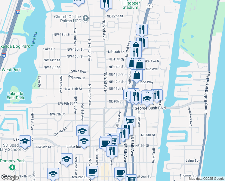 map of restaurants, bars, coffee shops, grocery stores, and more near 222 Northeast 11th Street in Delray Beach