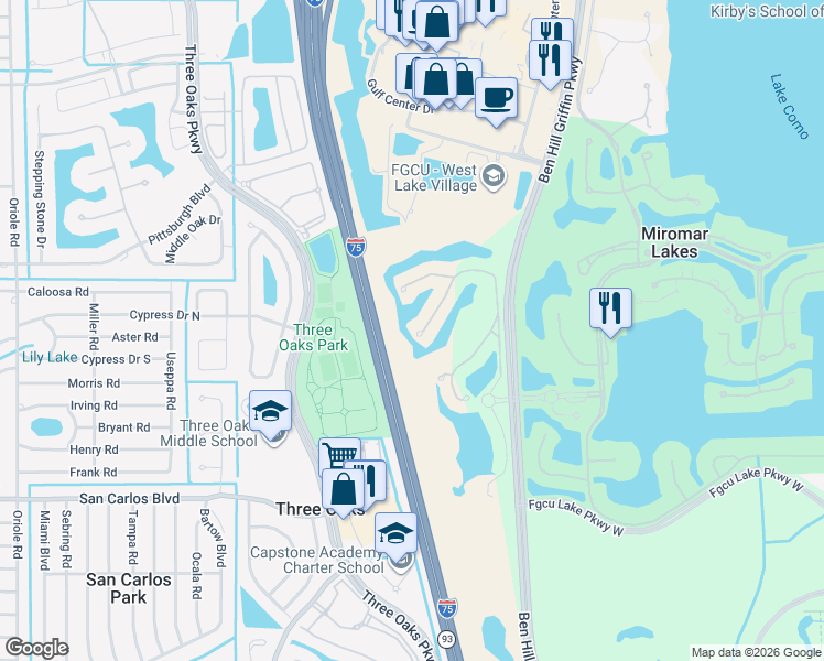 map of restaurants, bars, coffee shops, grocery stores, and more near 17811 Modena Road in Miromar Lakes