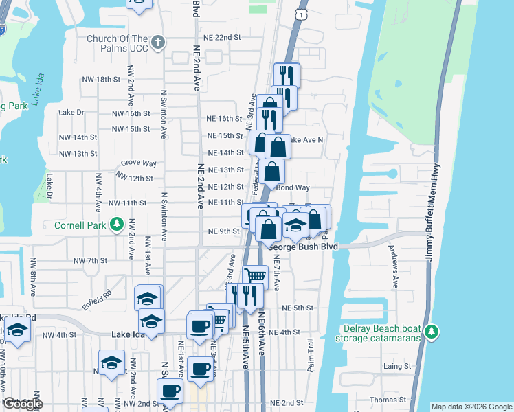 map of restaurants, bars, coffee shops, grocery stores, and more near 1090 Phillips Road in Delray Beach