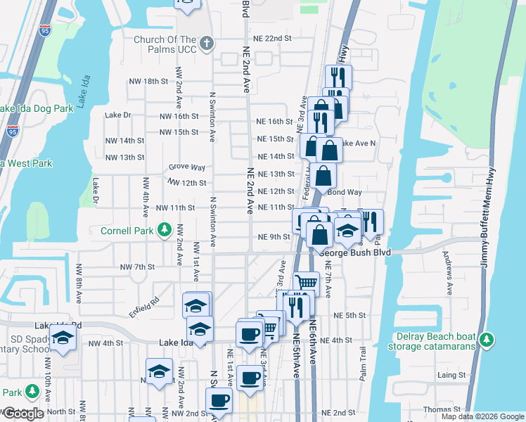 map of restaurants, bars, coffee shops, grocery stores, and more near 218 Northeast 11th Street in Delray Beach