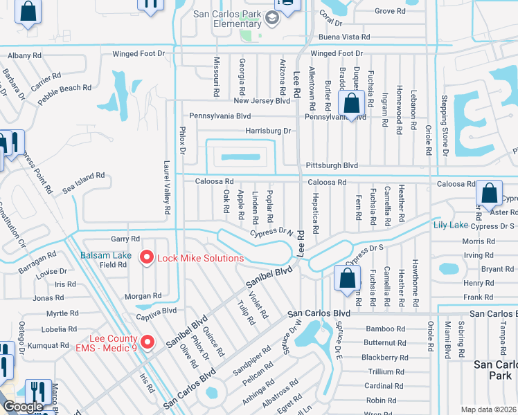 map of restaurants, bars, coffee shops, grocery stores, and more near 18242 Poplar Road in Fort Myers