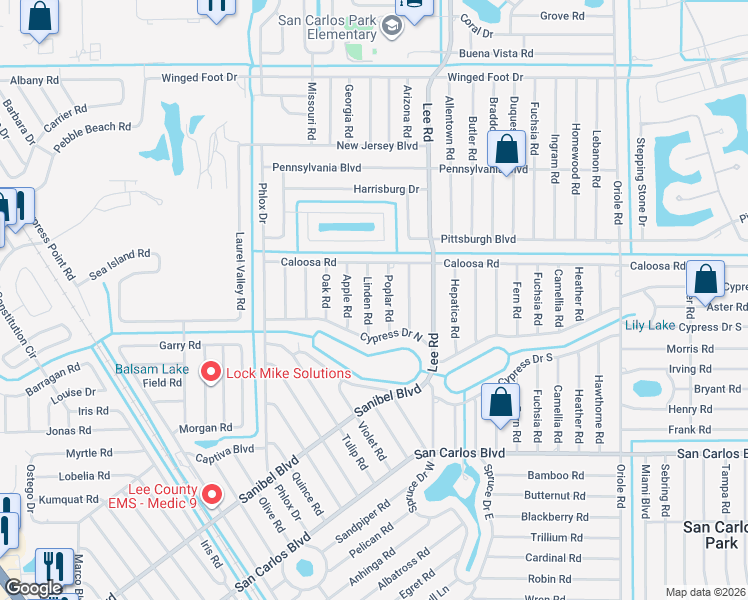 map of restaurants, bars, coffee shops, grocery stores, and more near 18242 Poplar Road in Fort Myers