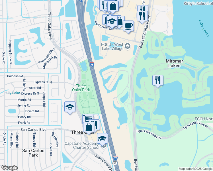 map of restaurants, bars, coffee shops, grocery stores, and more near 17801 Modena Road in Miromar Lakes