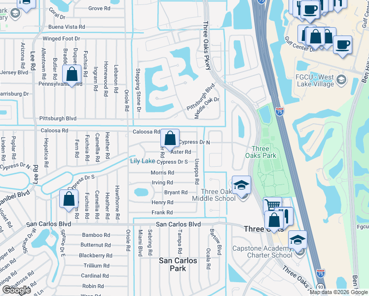 map of restaurants, bars, coffee shops, grocery stores, and more near 9139 Aster Road in Fort Myers