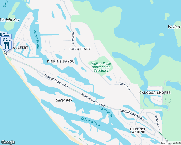 map of restaurants, bars, coffee shops, grocery stores, and more near 2349 Wulfert Road in Sanibel