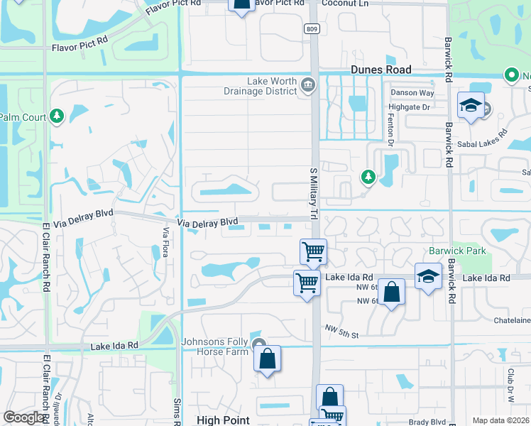 map of restaurants, bars, coffee shops, grocery stores, and more near 5165 Magellan Way East in Delray Beach