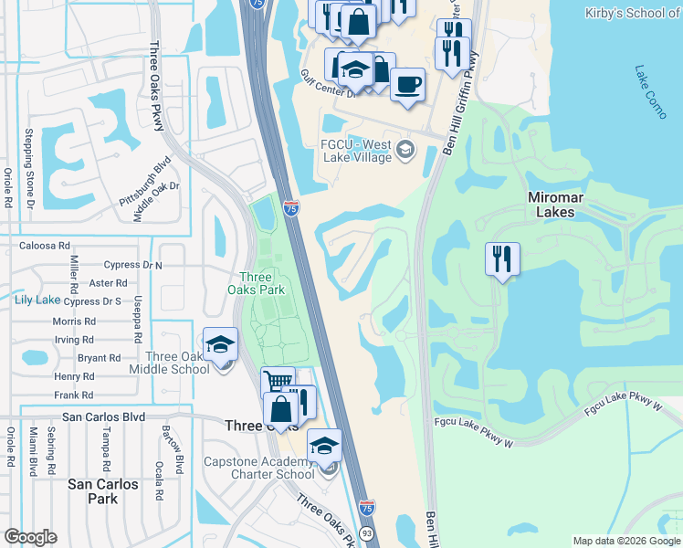 map of restaurants, bars, coffee shops, grocery stores, and more near 17811 Modena Road in Miromar Lakes