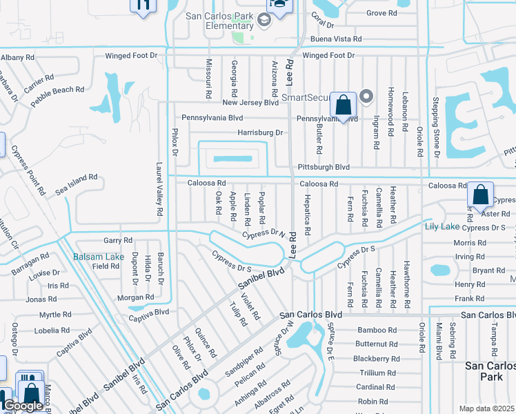 map of restaurants, bars, coffee shops, grocery stores, and more near 18242 Poplar Road in Fort Myers