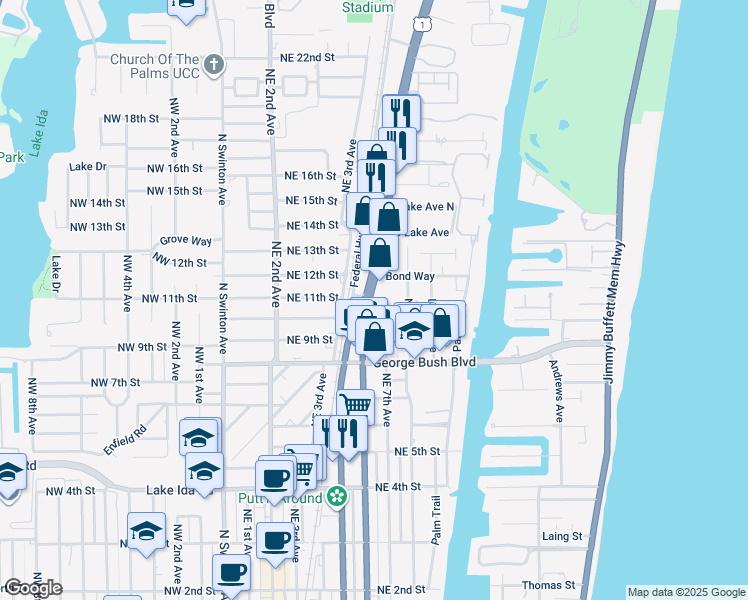 map of restaurants, bars, coffee shops, grocery stores, and more near 1090 Phillips Road in Delray Beach