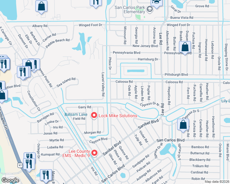 map of restaurants, bars, coffee shops, grocery stores, and more near 18242 Hemlock Road in Fort Myers