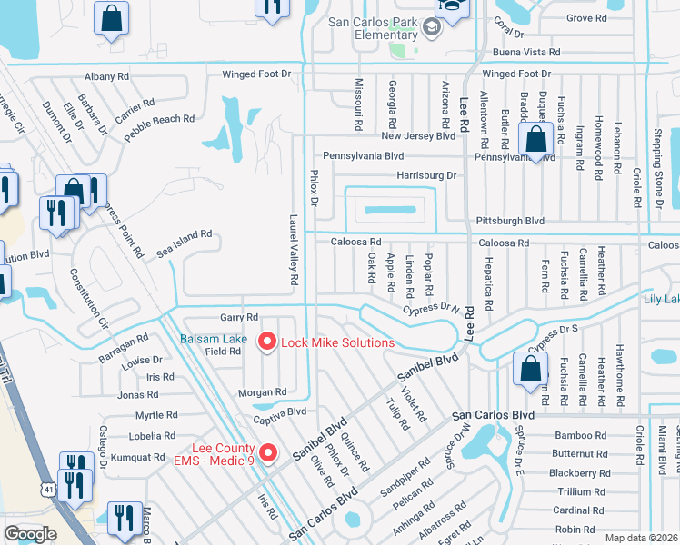 map of restaurants, bars, coffee shops, grocery stores, and more near 18242 Hemlock Road in Fort Myers