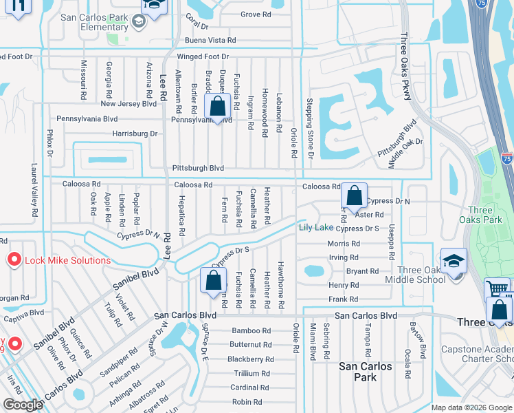 map of restaurants, bars, coffee shops, grocery stores, and more near 18237 Camellia Road in Fort Myers