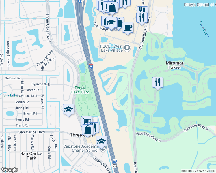 map of restaurants, bars, coffee shops, grocery stores, and more near 17811 Modena Road in Miromar Lakes