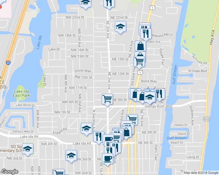 map of restaurants, bars, coffee shops, grocery stores, and more near 1100 Northeast 2nd Avenue in Delray Beach