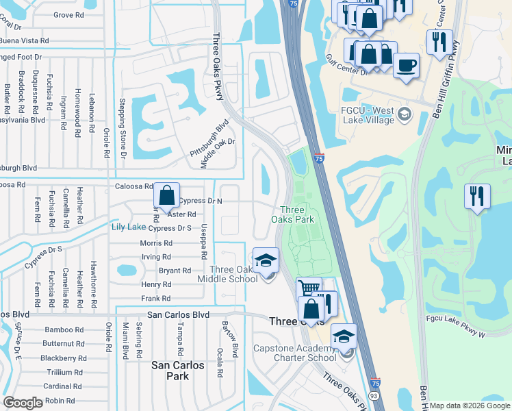 map of restaurants, bars, coffee shops, grocery stores, and more near 9520 Cypress Drive North in Fort Myers