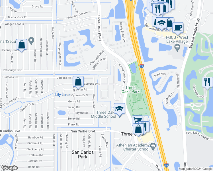 map of restaurants, bars, coffee shops, grocery stores, and more near 9264 Cypress Drive North in Fort Myers