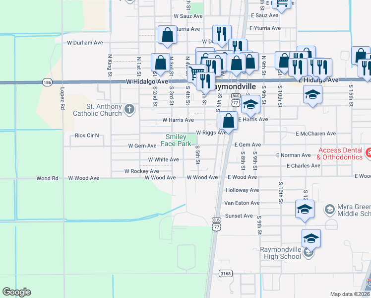 map of restaurants, bars, coffee shops, grocery stores, and more near 435-523 W Gem Ave in Raymondville