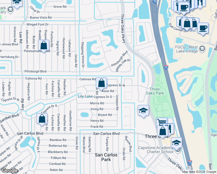 map of restaurants, bars, coffee shops, grocery stores, and more near 9132 Cypress Drive North in Fort Myers
