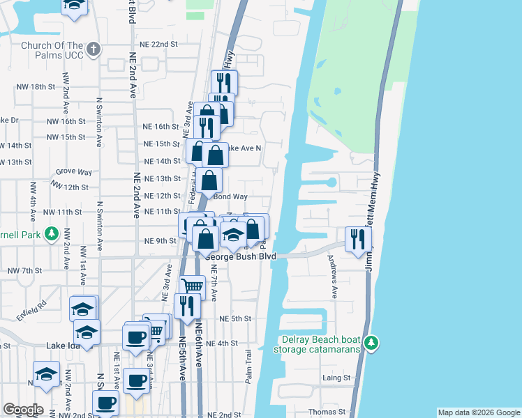 map of restaurants, bars, coffee shops, grocery stores, and more near 905 Witherspoon Lane in Delray Beach