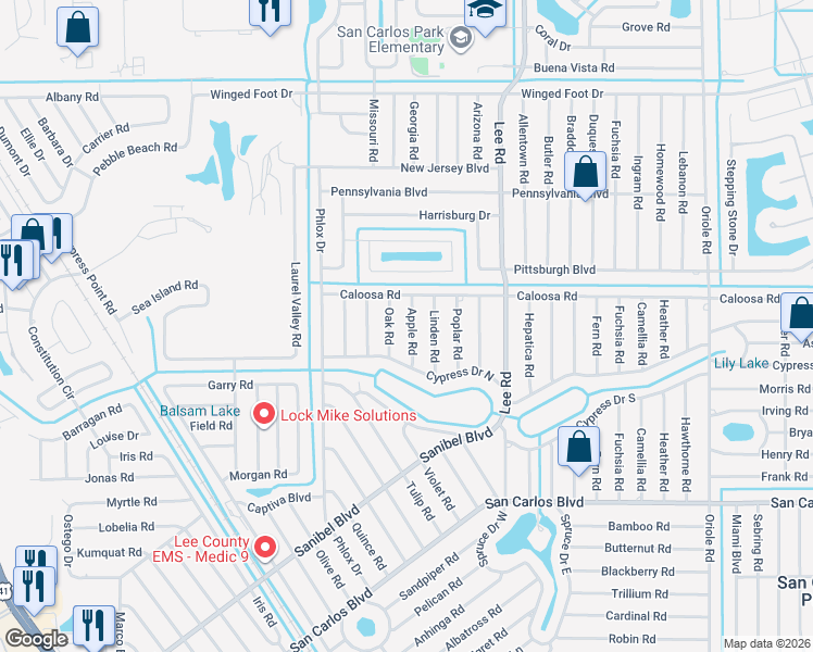 map of restaurants, bars, coffee shops, grocery stores, and more near 18237 Apple Road in Fort Myers