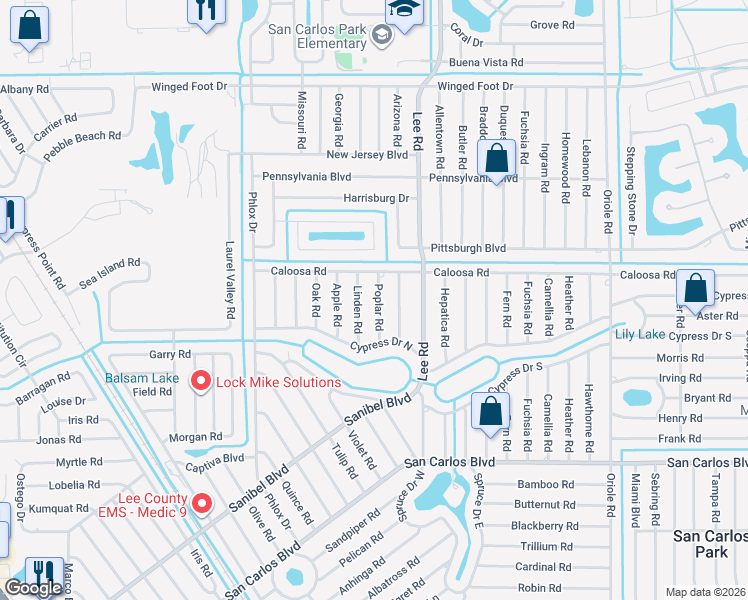 map of restaurants, bars, coffee shops, grocery stores, and more near 18234 Poplar Road in Fort Myers