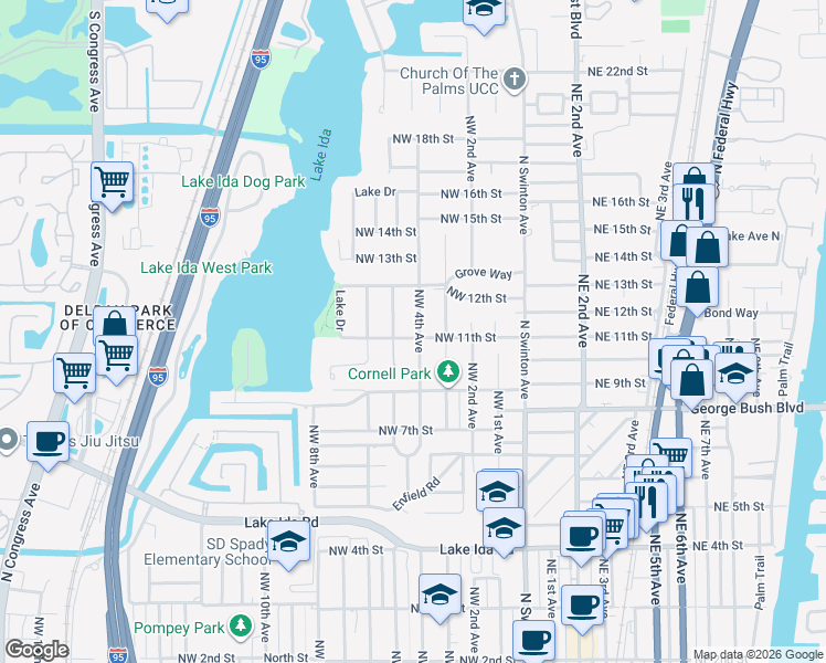 map of restaurants, bars, coffee shops, grocery stores, and more near 1100 Northwest 4th Avenue in Delray Beach