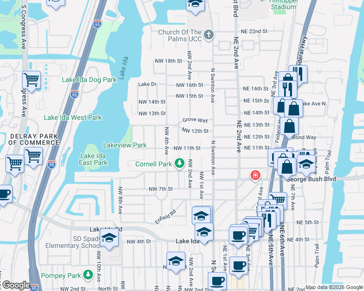 map of restaurants, bars, coffee shops, grocery stores, and more near 225 Northwest 11th Street in Delray Beach