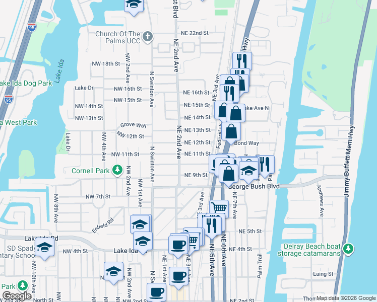 map of restaurants, bars, coffee shops, grocery stores, and more near 222 Northeast 11th Street in Delray Beach