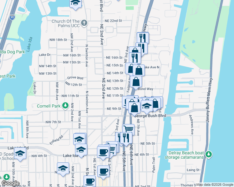 map of restaurants, bars, coffee shops, grocery stores, and more near 264 Northeast 11th Street in Delray Beach