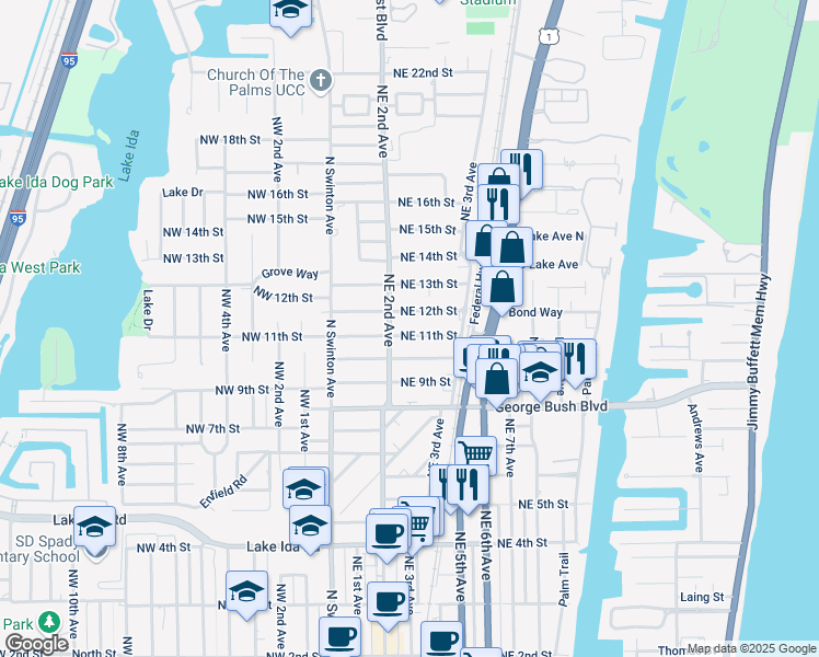 map of restaurants, bars, coffee shops, grocery stores, and more near 222 Northeast 11th Street in Delray Beach