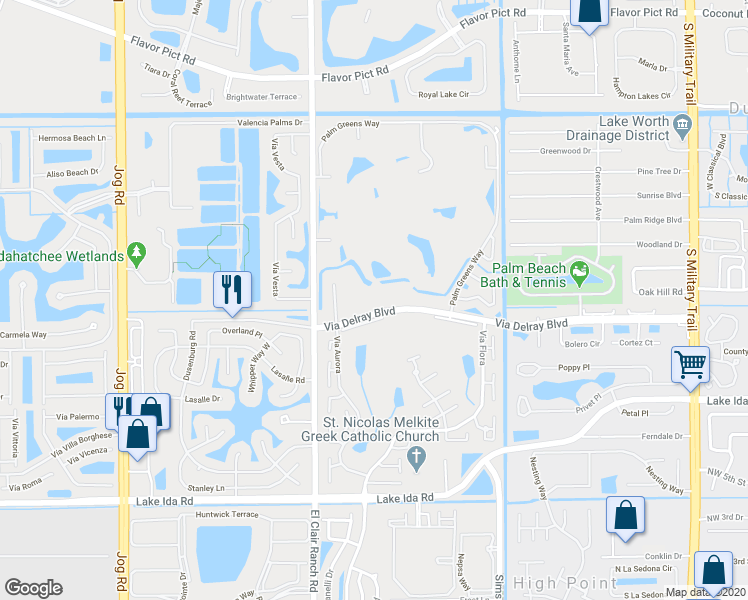 map of restaurants, bars, coffee shops, grocery stores, and more near 13709 Date Palm Court in Delray Beach