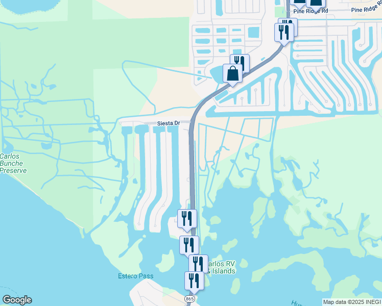 map of restaurants, bars, coffee shops, grocery stores, and more near San Carlos Boulevard in Fort Myers Beach