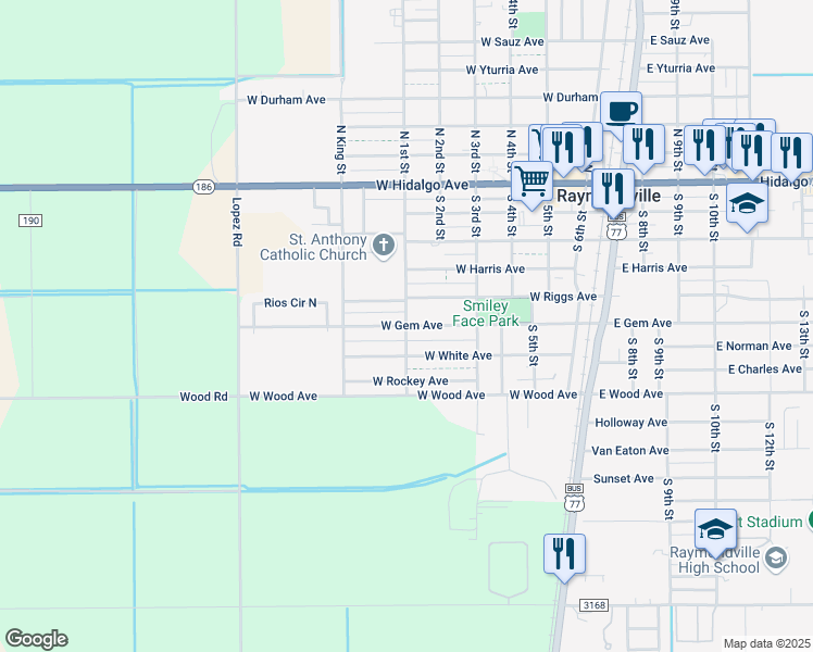 map of restaurants, bars, coffee shops, grocery stores, and more near West Gem Avenue in Raymondville