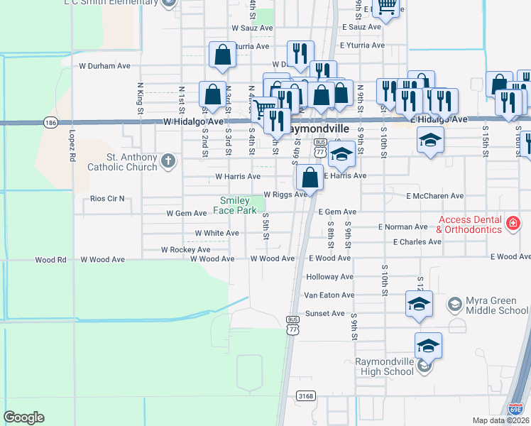 map of restaurants, bars, coffee shops, grocery stores, and more near 435 West Gem Avenue in Raymondville