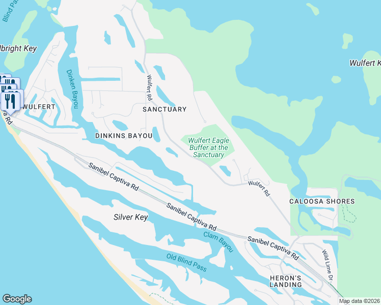 map of restaurants, bars, coffee shops, grocery stores, and more near 2349 Wulfert Road in Sanibel