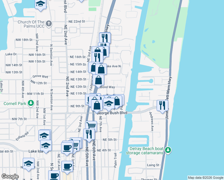 map of restaurants, bars, coffee shops, grocery stores, and more near 1136 Northeast 9th Avenue in Delray Beach