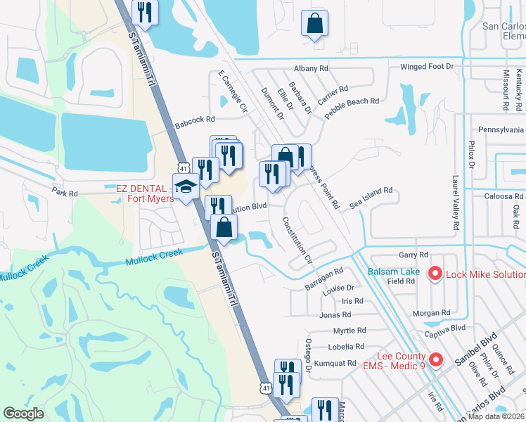 map of restaurants, bars, coffee shops, grocery stores, and more near 63 Constitution Loop in Fort Myers