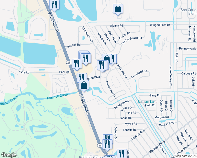 map of restaurants, bars, coffee shops, grocery stores, and more near 63 Constitution Loop in Fort Myers