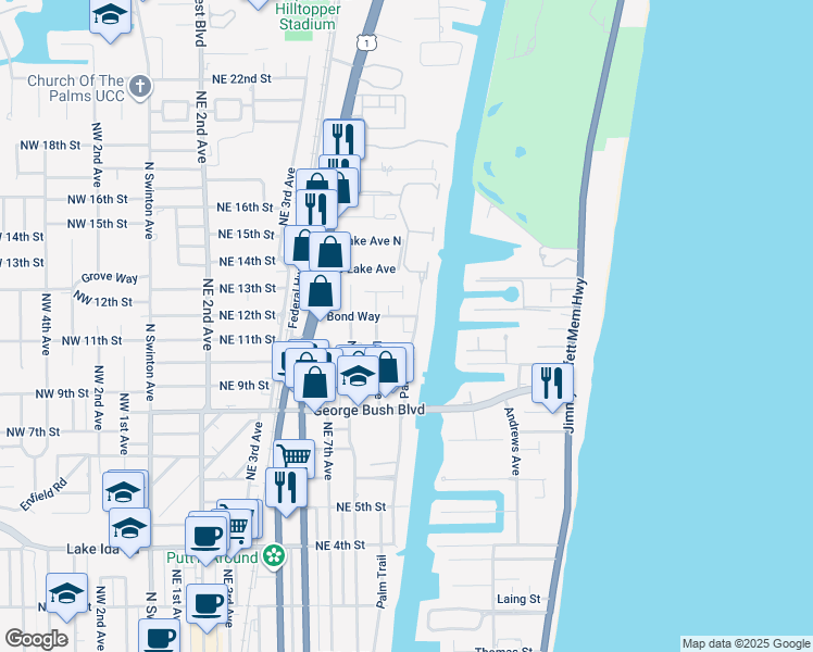 map of restaurants, bars, coffee shops, grocery stores, and more near 955 Palm Trail in Delray Beach