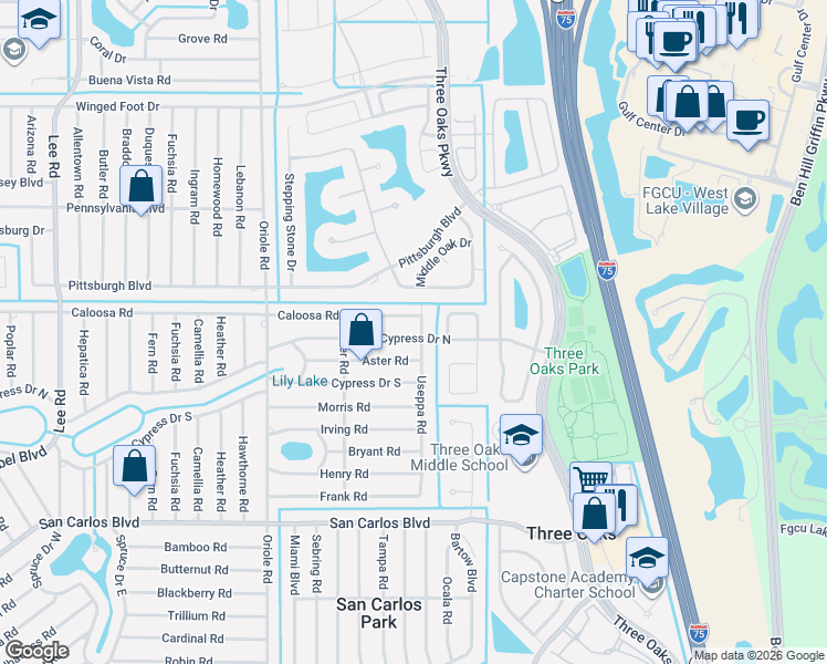 map of restaurants, bars, coffee shops, grocery stores, and more near 9163 Cypress Drive North in Fort Myers