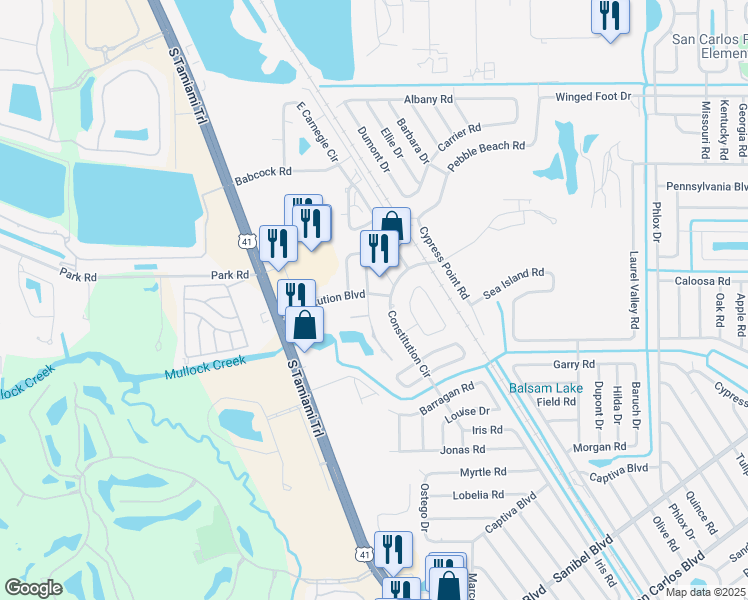 map of restaurants, bars, coffee shops, grocery stores, and more near 7008 Constitution Boulevard in Fort Myers