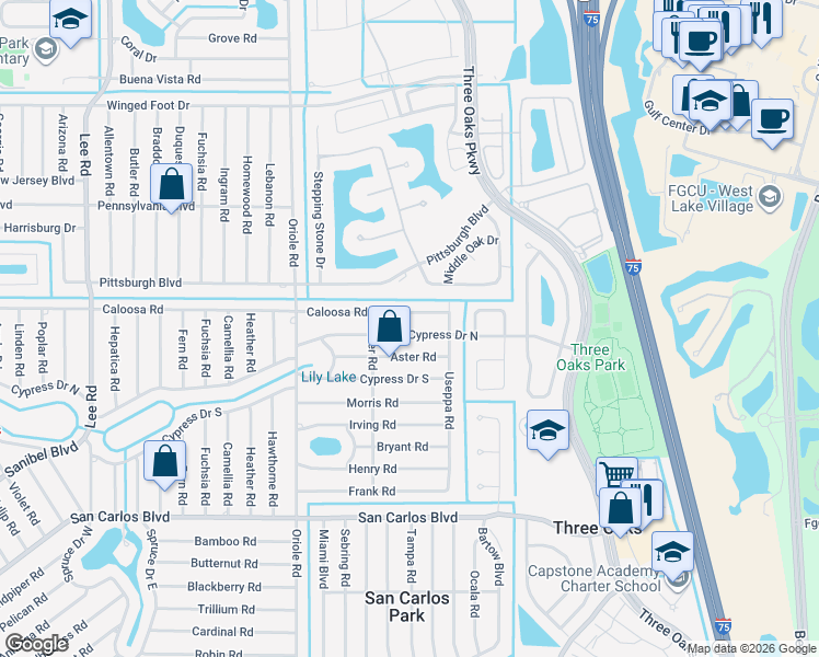 map of restaurants, bars, coffee shops, grocery stores, and more near 9132 Cypress Drive North in Fort Myers